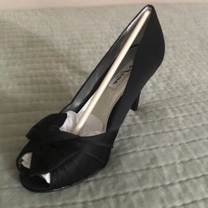 Black Satin Peep-Toe Heels